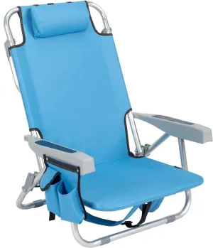 Folding Beach Chair, 4 Position Reclining Backpack Camping Chairs with Headrest Cup Holder Armrests Heavy Duty Portable Lounge Chairs for Beach Backyard Travel, Blue