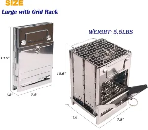 Folding Camp Stove Foldable Camping Stove Folding Stove Camp Stove Wood Burning Rocket Portable Backpacking Stainless Steel Light Folding Stove for Outdoor Hiking Camping (Large with Grid Rack)