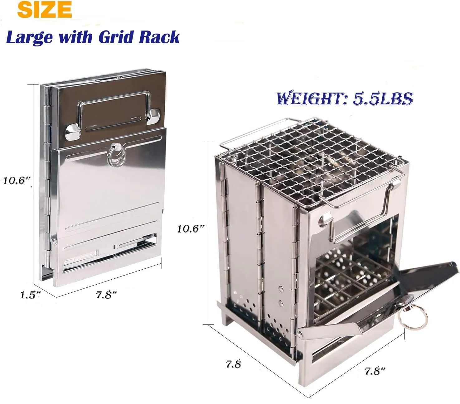 Folding Camp Stove Foldable Camping Stove Folding Stove Camp Stove Wood Burning Rocket Portable Backpacking Stainless Steel Light Folding Stove for Outdoor Hiking Camping (Large with Grid Rack)
