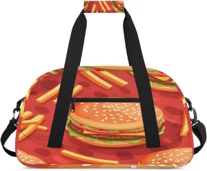 Food Hamburg Gym Duffel Bag for Men Women French Fries Sports Tote Bag with Adjustable Shoulder Strap for Dance Gymnastics Traveling Outdoor Camping Overnight Stay
