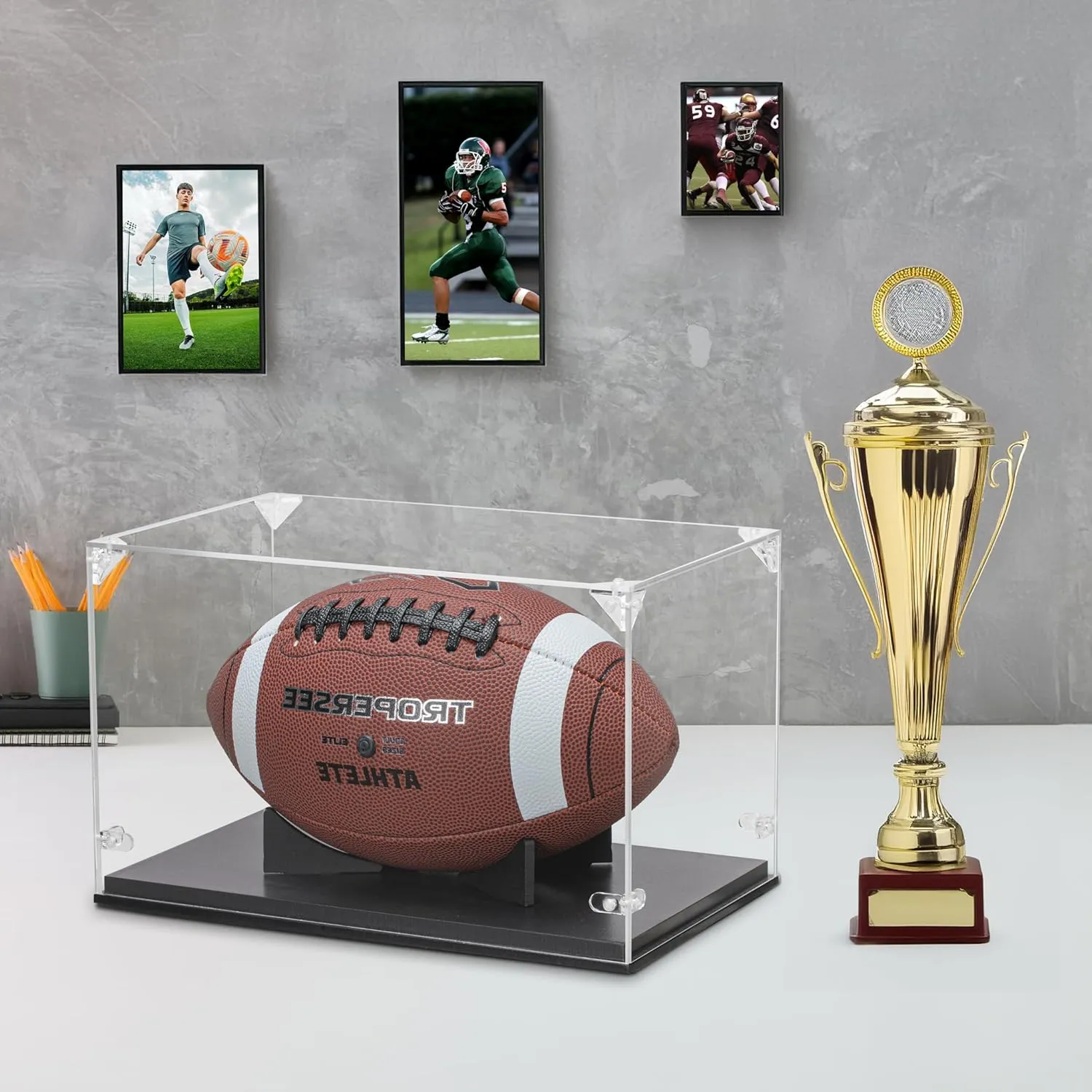Football Display Case, Thickened UV Protection Clear Acrylic Lid Football Holder, Wood Football Base Stand Football Cases for Signed Football Full Size