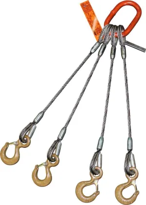 Four Leg Bridle Wire Rope Sling | 19 Ton Vertical Rated | Eye Hooks with Safety Latches | 3/4" Dia. | 8' Length | EIPS 6x25 IWRC | Hanes Supply (HSI) Heavy Duty Rigging Cable for Lifting and Towing