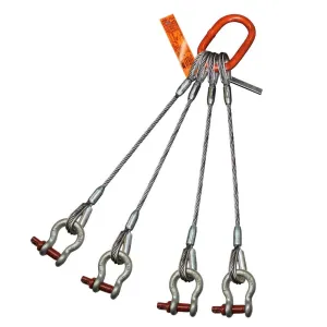 Four Leg Bridle Wire Rope Sling | 34 Ton Vertical Rated | Thimble-to-Screw Pin Anchor Shackle | 1" Dia. | 30' Length | EIPS 6x25 IWRC | Hanes Supply (HSI) Heavy Duty Rigging Cable