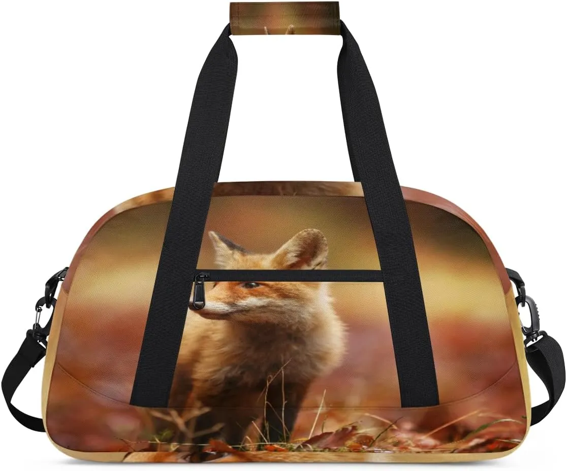 Fox Gym Duffel Bag for Men Women Tree Leaves Sports Tote Bag with Adjustable Shoulder Strap for Dance Gymnastics Traveling Outdoor Camping Overnight Stay
