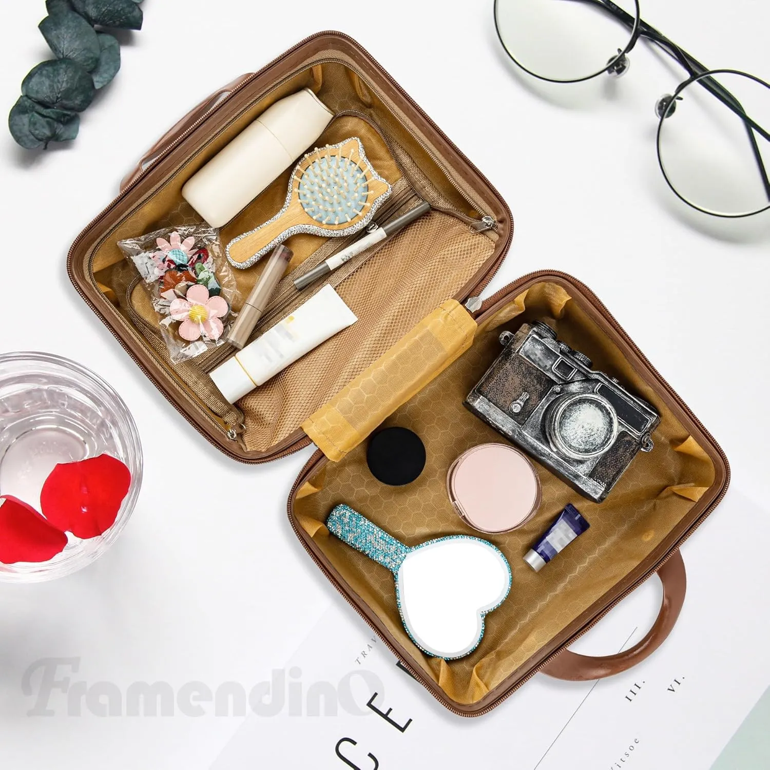 Framendino, Portable Hard Shell Cosmetic Suitcase Makeup Travel Case Beige