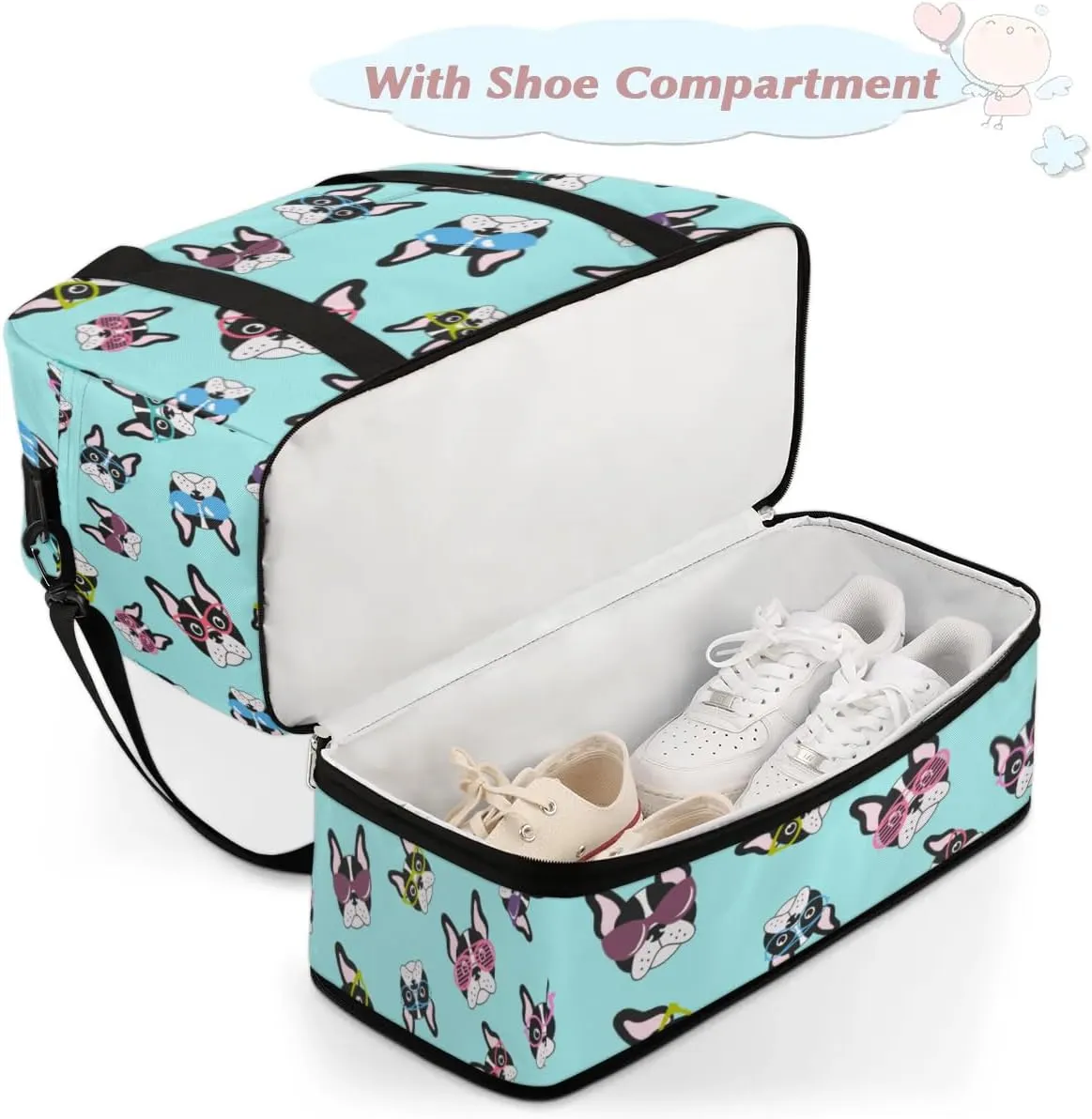French Glasses Dog Sports Gym Bag with Shoes Compartment Foldable Travel Duffel Bag Dry Wet Separated Sports Tote Workout Weekender Overnight Bag for Women Yoga Dance Work Training Handbag