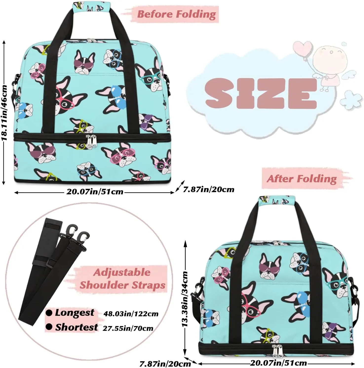French Glasses Dog Sports Gym Bag with Shoes Compartment Foldable Travel Duffel Bag Dry Wet Separated Sports Tote Workout Weekender Overnight Bag for Women Yoga Dance Work Training Handbag