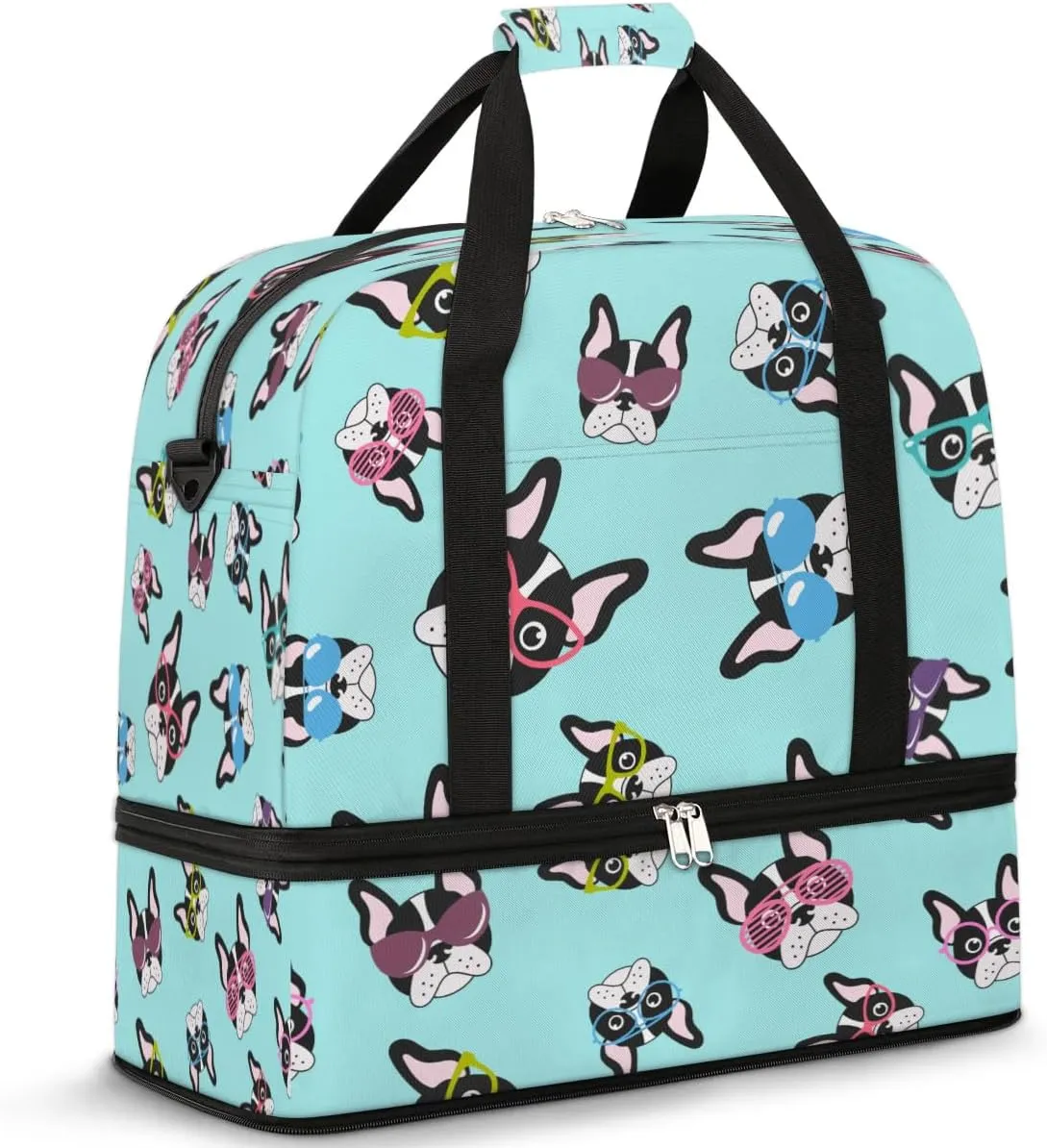 French Glasses Dog Sports Gym Bag with Shoes Compartment Foldable Travel Duffel Bag Dry Wet Separated Sports Tote Workout Weekender Overnight Bag for Women Yoga Dance Work Training Handbag