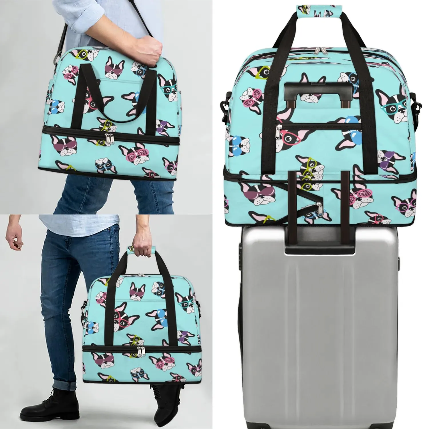 French Glasses Dog Sports Gym Bag with Shoes Compartment Foldable Travel Duffel Bag Dry Wet Separated Sports Tote Workout Weekender Overnight Bag for Women Yoga Dance Work Training Handbag