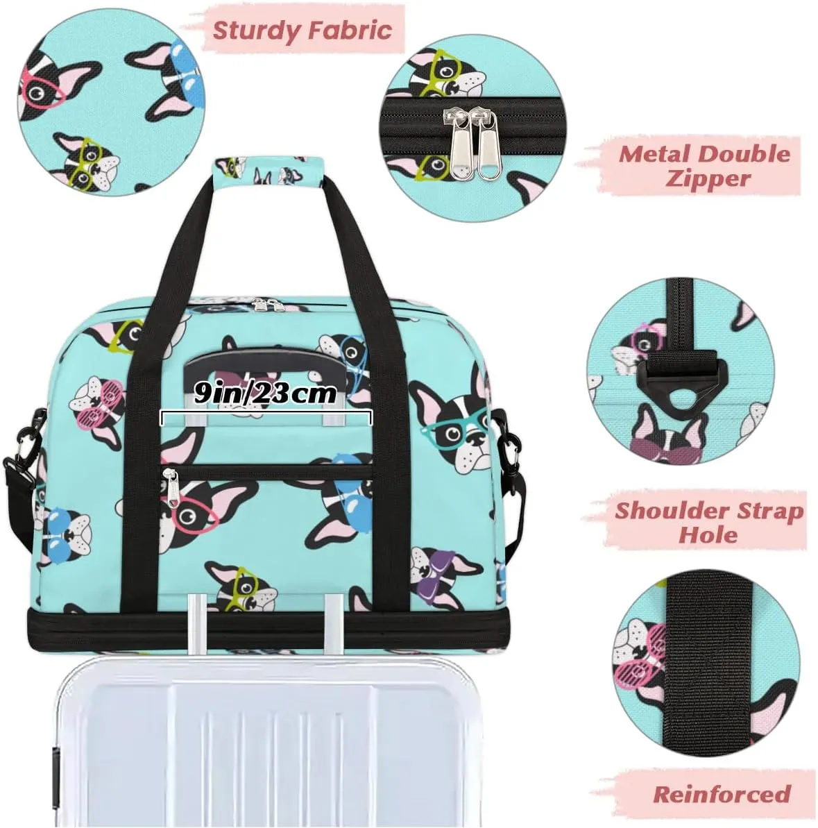 French Glasses Dog Sports Gym Bag with Shoes Compartment Foldable Travel Duffel Bag Dry Wet Separated Sports Tote Workout Weekender Overnight Bag for Women Yoga Dance Work Training Handbag