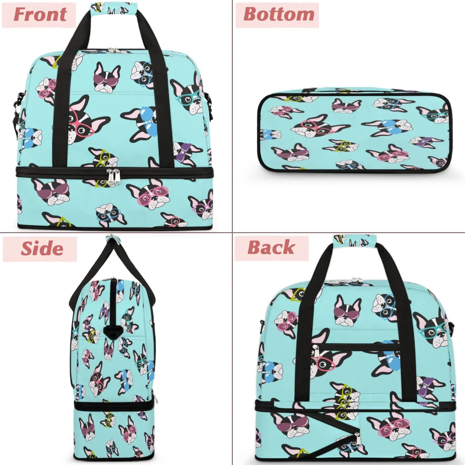 French Glasses Dog Sports Gym Bag with Shoes Compartment Foldable Travel Duffel Bag Dry Wet Separated Sports Tote Workout Weekender Overnight Bag for Women Yoga Dance Work Training Handbag