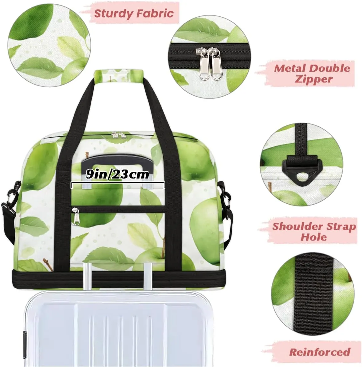 Fresh Apples Foldable Travel Duffel Bag Overnight Weekender Bag with Shoes Compartment Sports Gym Bag for Men Women