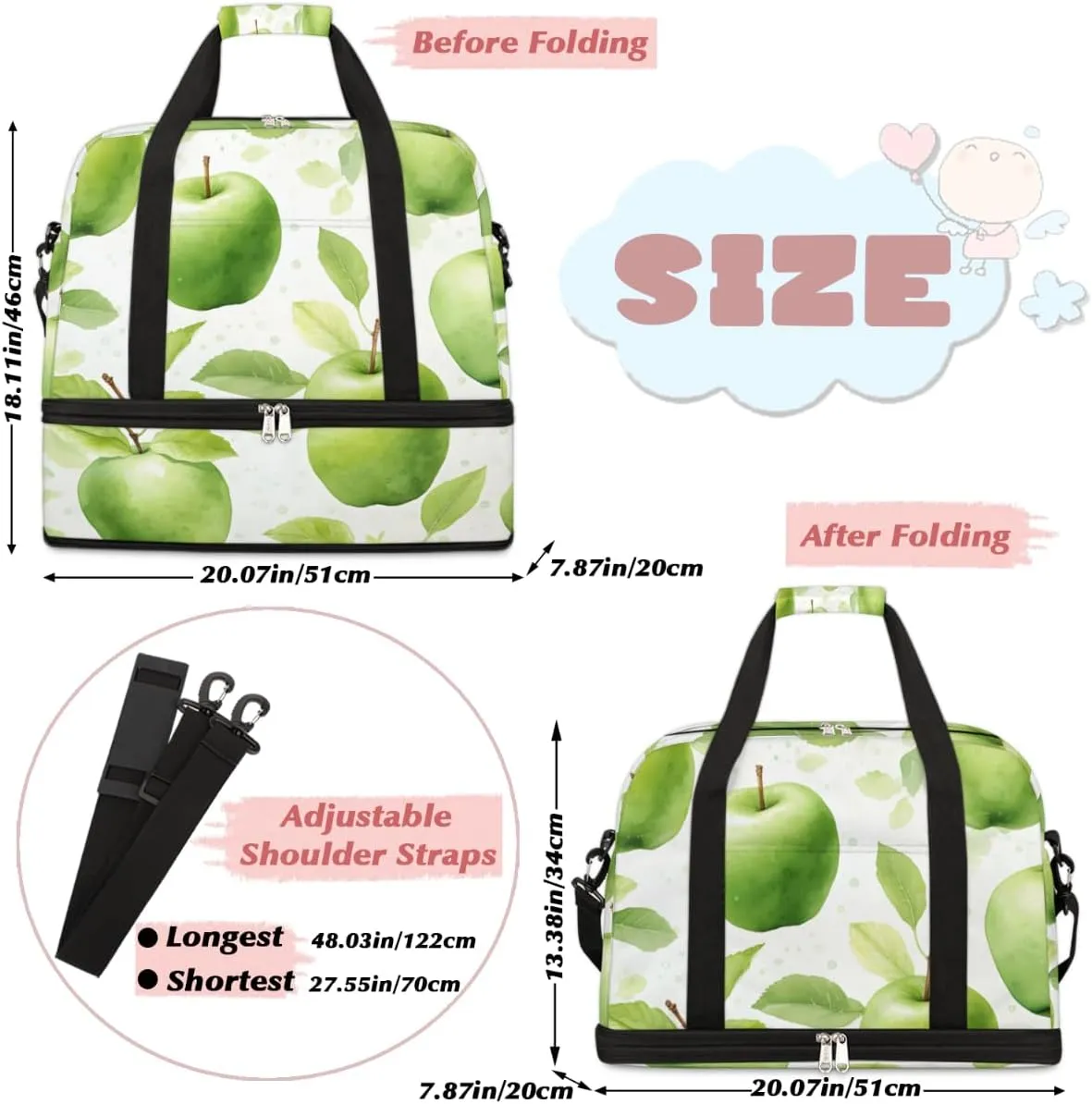 Fresh Apples Foldable Travel Duffel Bag Overnight Weekender Bag with Shoes Compartment Sports Gym Bag for Men Women