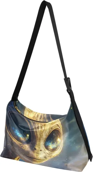 Friendly Alien Shoulder Bag Leather Large Capacity Crossbody Bags Purse Zipper Closure with Fabric Strap
