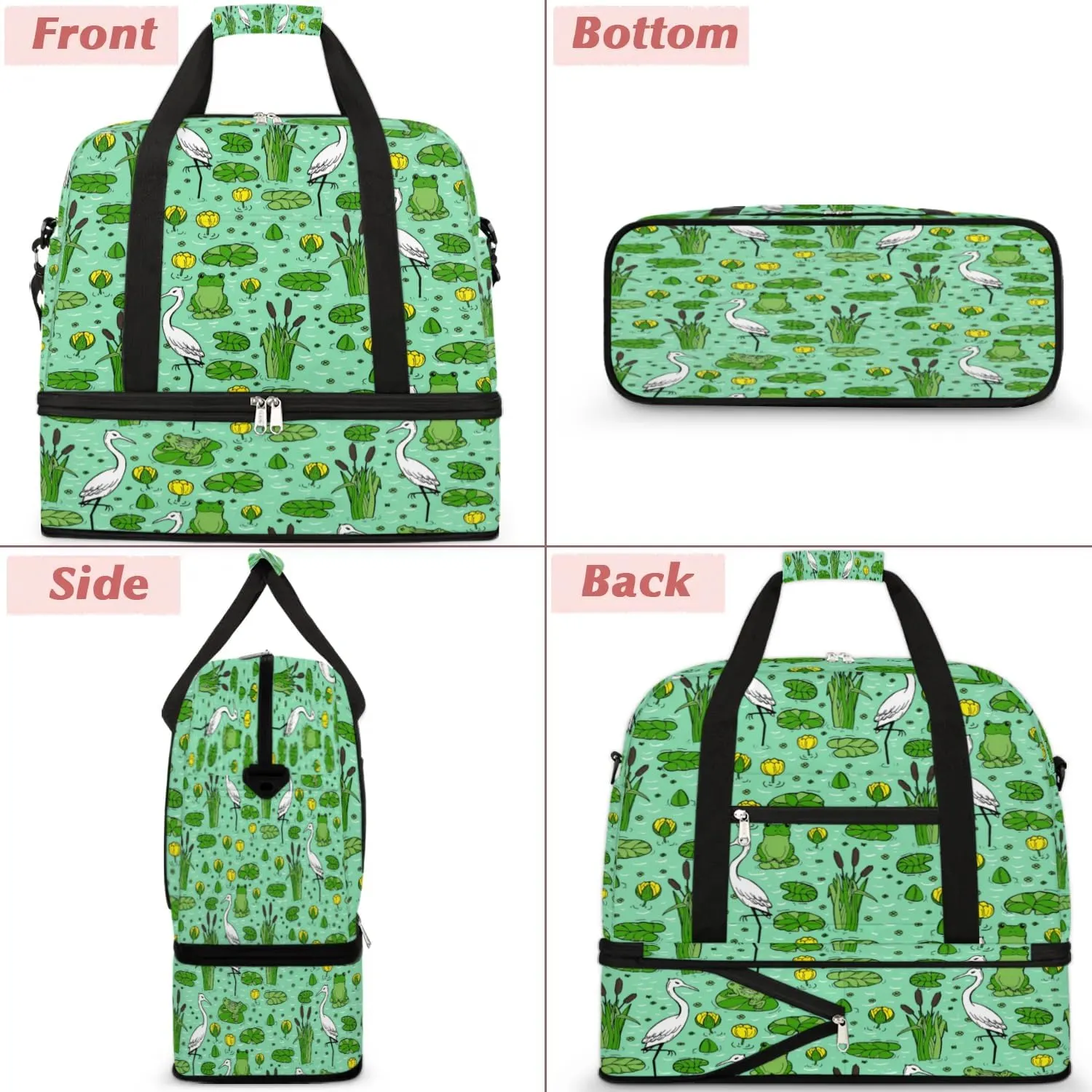 Frog Crane Sports Gym Bag with Shoes Compartment Foldable Travel Duffel Bag Dry Wet Separated Sports Tote Workout Weekender Overnight Bag for Women Yoga Dance Work Training Handbag