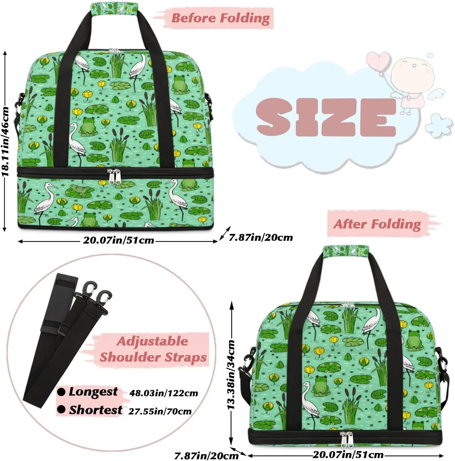 Frog Crane Sports Gym Bag with Shoes Compartment Foldable Travel Duffel Bag Dry Wet Separated Sports Tote Workout Weekender Overnight Bag for Women Yoga Dance Work Training Handbag