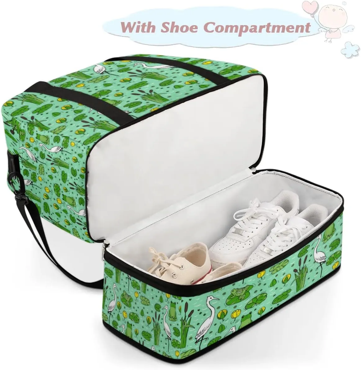 Frog Crane Sports Gym Bag with Shoes Compartment Foldable Travel Duffel Bag Dry Wet Separated Sports Tote Workout Weekender Overnight Bag for Women Yoga Dance Work Training Handbag