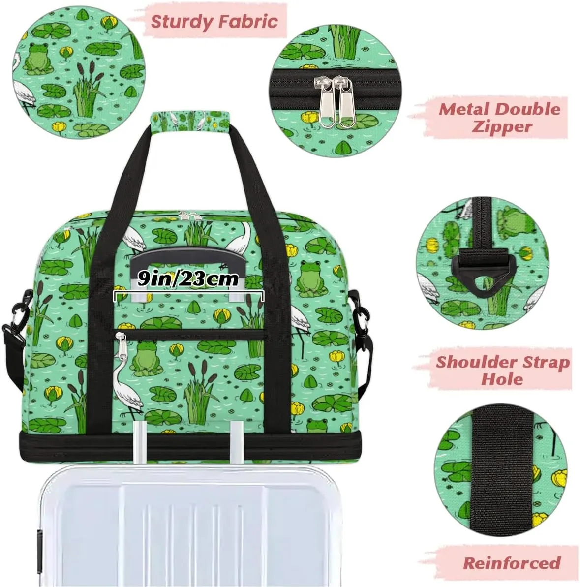 Frog Crane Sports Gym Bag with Shoes Compartment Foldable Travel Duffel Bag Dry Wet Separated Sports Tote Workout Weekender Overnight Bag for Women Yoga Dance Work Training Handbag