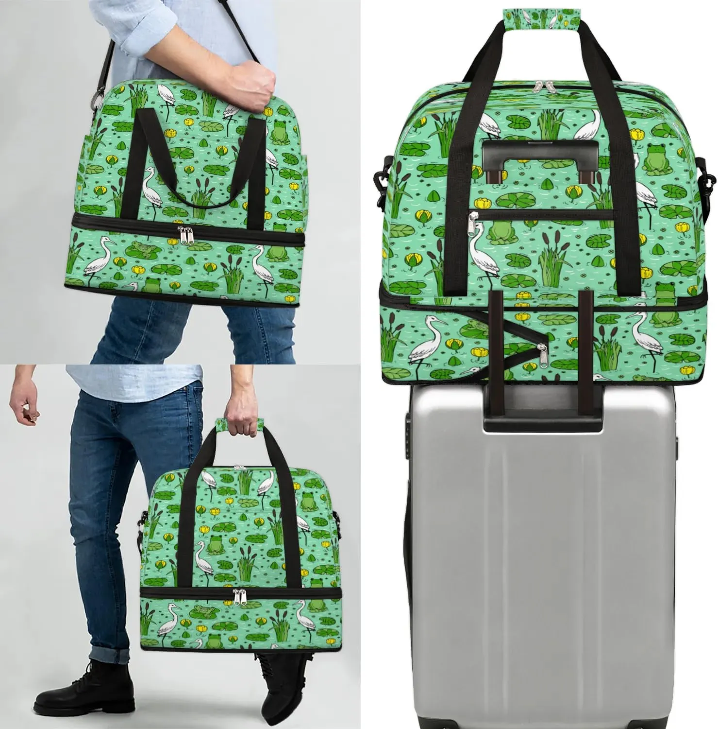 Frog Crane Sports Gym Bag with Shoes Compartment Foldable Travel Duffel Bag Dry Wet Separated Sports Tote Workout Weekender Overnight Bag for Women Yoga Dance Work Training Handbag