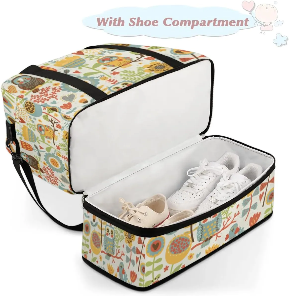 Funny Cartoon Owl Flower Sports Gym Bag with Shoes Compartment Foldable Travel Duffel Bag Dry Wet Separated Sports Tote Workout Weekender Overnight Bag for Women Yoga Dance Work Training Handbag