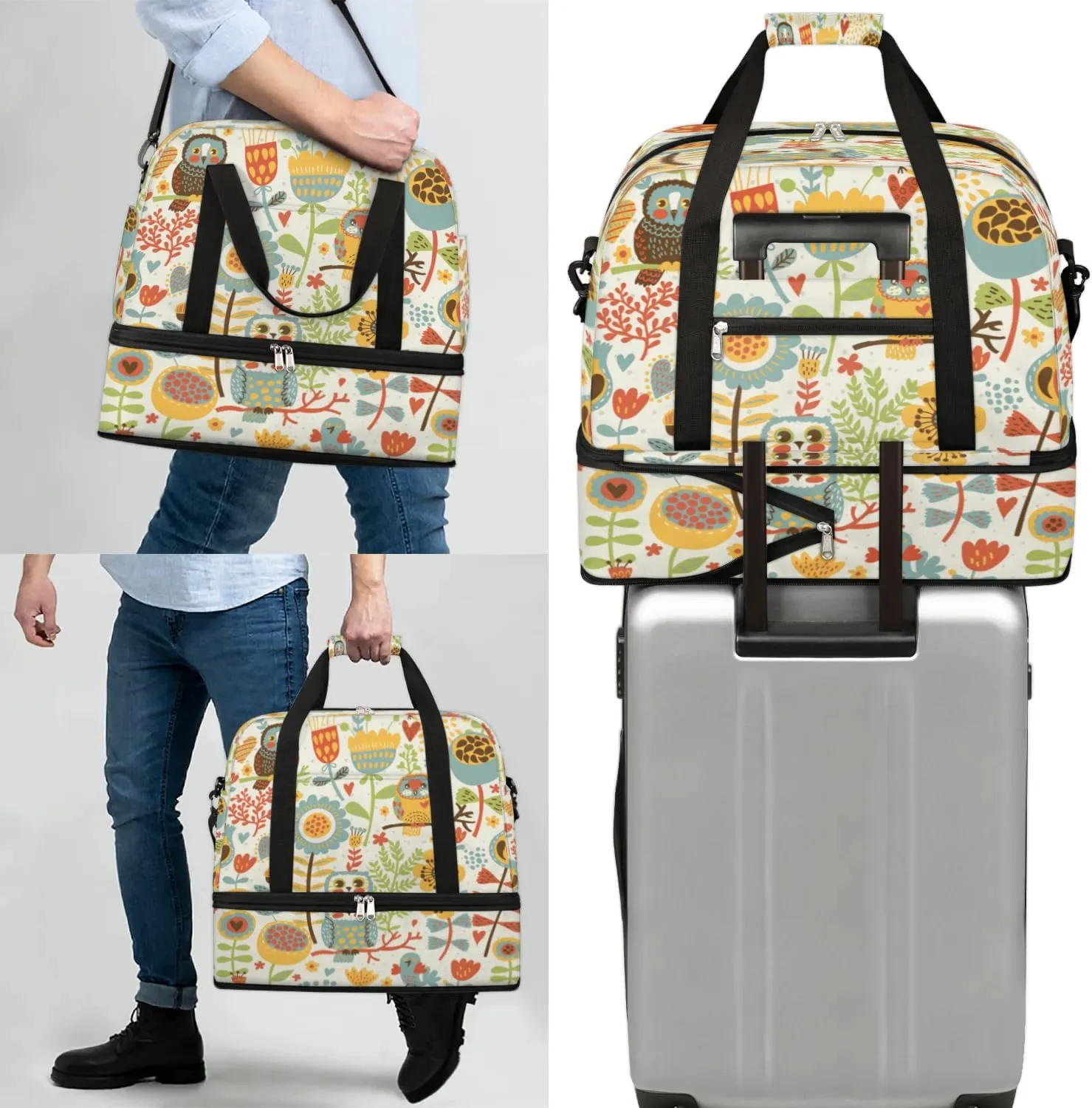 Funny Cartoon Owl Flower Sports Gym Bag with Shoes Compartment Foldable Travel Duffel Bag Dry Wet Separated Sports Tote Workout Weekender Overnight Bag for Women Yoga Dance Work Training Handbag