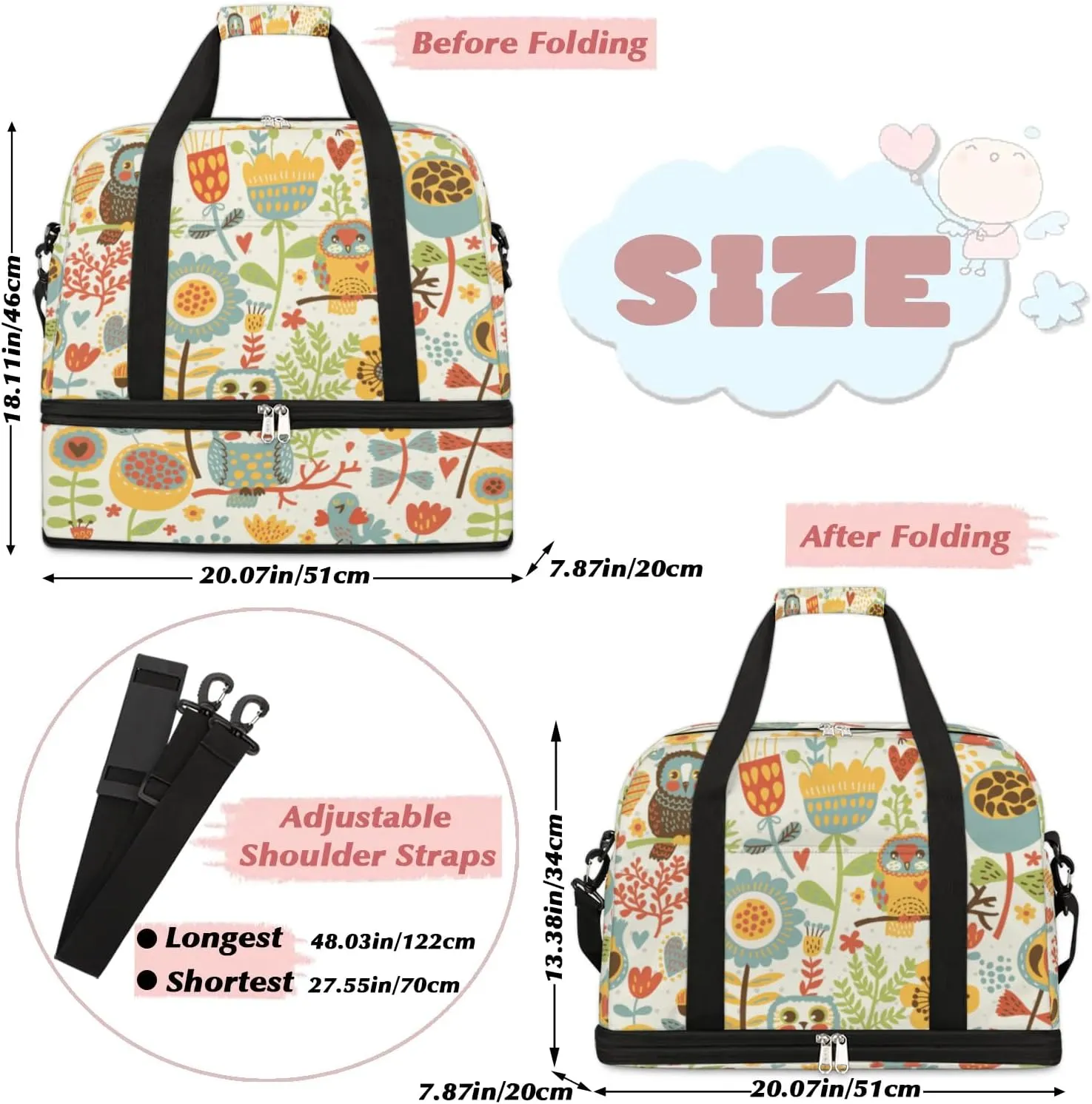 Funny Cartoon Owl Flower Sports Gym Bag with Shoes Compartment Foldable Travel Duffel Bag Dry Wet Separated Sports Tote Workout Weekender Overnight Bag for Women Yoga Dance Work Training Handbag