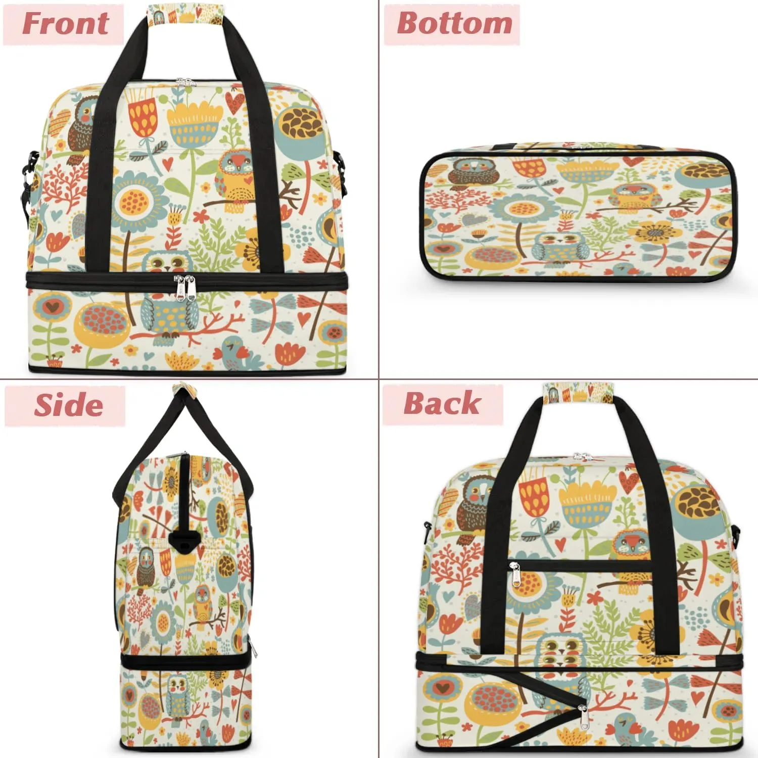 Funny Cartoon Owl Flower Sports Gym Bag with Shoes Compartment Foldable Travel Duffel Bag Dry Wet Separated Sports Tote Workout Weekender Overnight Bag for Women Yoga Dance Work Training Handbag