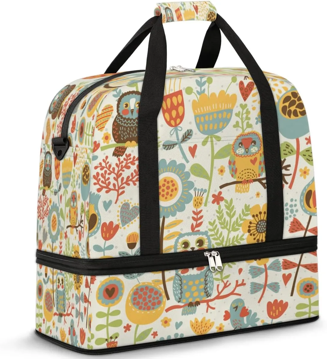 Funny Cartoon Owl Flower Sports Gym Bag with Shoes Compartment Foldable Travel Duffel Bag Dry Wet Separated Sports Tote Workout Weekender Overnight Bag for Women Yoga Dance Work Training Handbag
