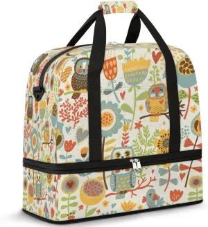Funny Cartoon Owl Flower Sports Gym Bag with Shoes Compartment Foldable Travel Duffel Bag Dry Wet Separated Sports Tote Workout Weekender Overnight Bag for Women Yoga Dance Work Training Handbag