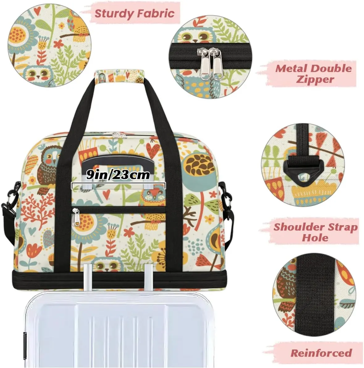 Funny Cartoon Owl Flower Sports Gym Bag with Shoes Compartment Foldable Travel Duffel Bag Dry Wet Separated Sports Tote Workout Weekender Overnight Bag for Women Yoga Dance Work Training Handbag