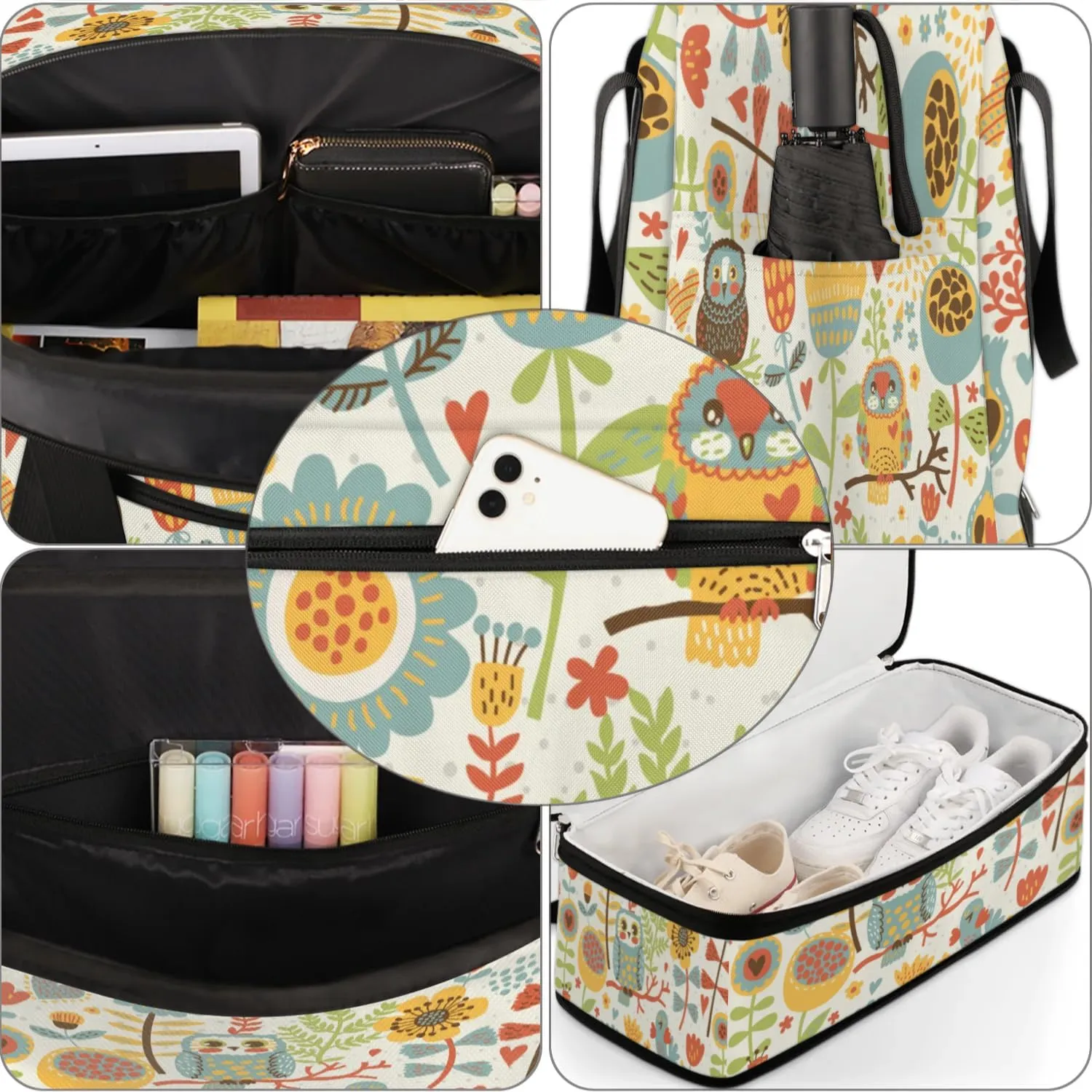 Funny Cartoon Owl Flower Sports Gym Bag with Shoes Compartment Foldable Travel Duffel Bag Dry Wet Separated Sports Tote Workout Weekender Overnight Bag for Women Yoga Dance Work Training Handbag