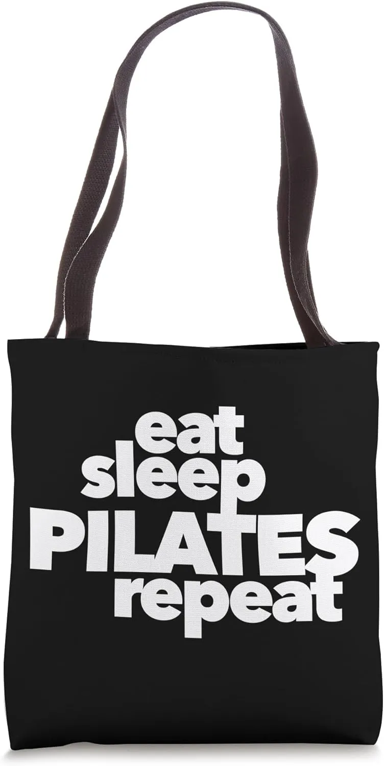 Funny eat sleep pilates repeat health stretch gym yoga Tote Bag