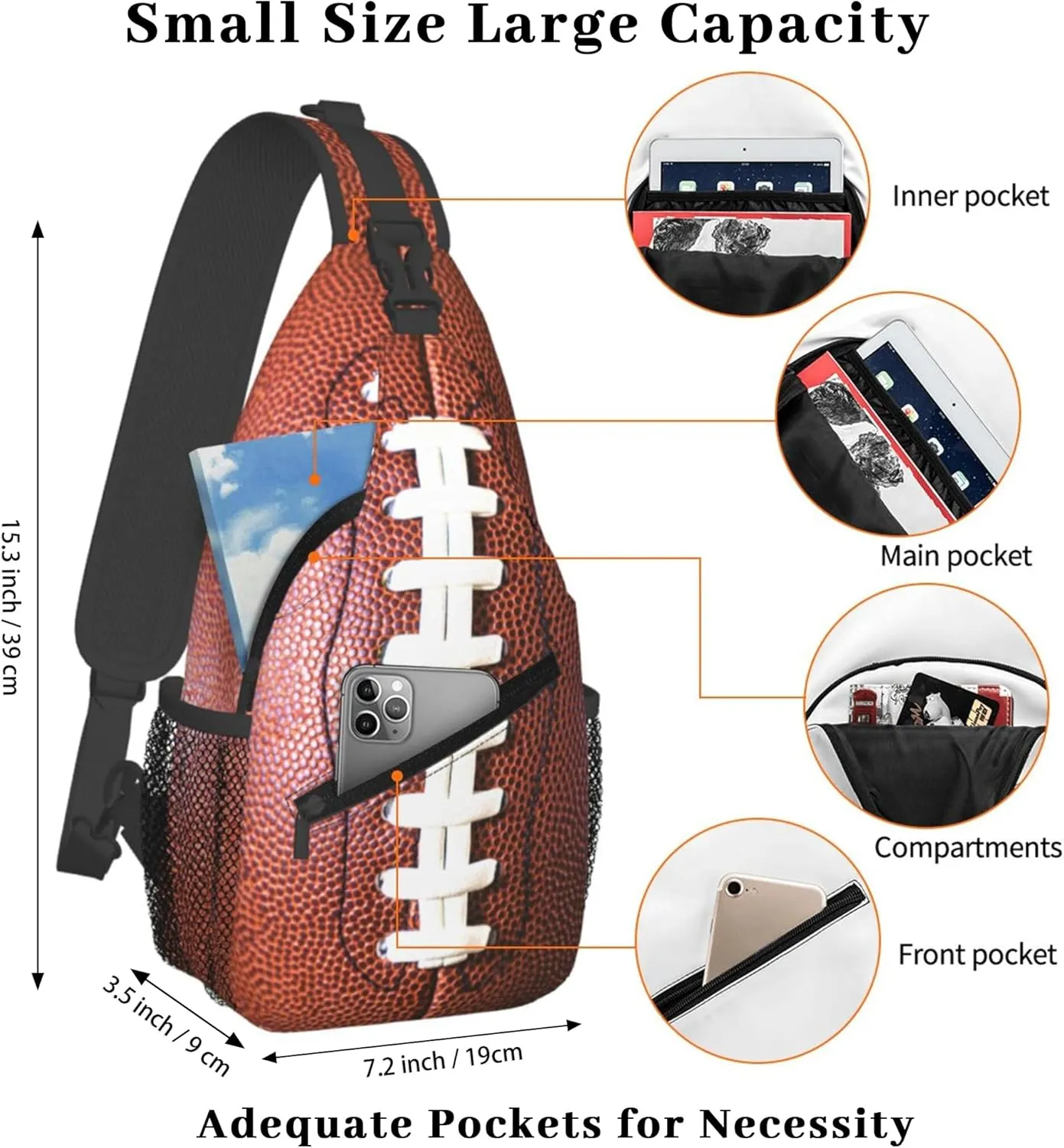 Funny Football Print Sling Bag for Men Women, Crossbody Backpack Purse Chest Daypack Shoulder Bag for Sports Hiking Running Travel