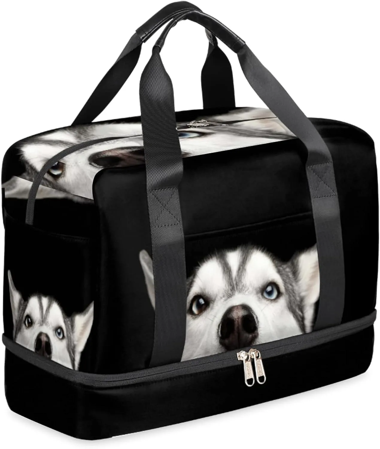 Funny Husky Dog Sports Gym Bag with Shoes Compartment,Animal Pug Puppy Travel Duffel Bag for Men Women Boys Girls Teens Overnight Weekend Yoga Workout Bag Training Handbag