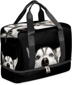 Funny Husky Dog Sports Gym Bag with Shoes Compartment,Animal Pug Puppy Travel Duffel Bag for Men Women Boys Girls Teens Overnight Weekend Yoga Workout Bag Training Handbag
