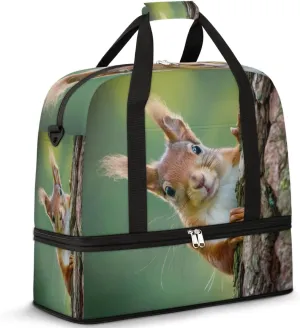 Funny Squirrel Travel Duffel Bag for Women Men, Squirrel Tree Sports Gym Bag with Shoes Compartment Foldable Overnight Bag Weekender Tote Workout Carry On Luggage Bag
