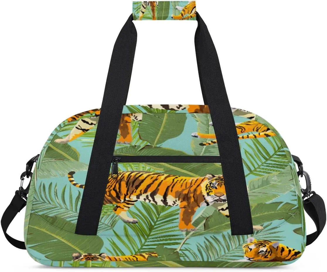 Funny Tiger Gym Duffel Bag for Men Women Palm Leaves Sports Tote Bag with Adjustable Shoulder Strap for Dance Gymnastics Traveling Outdoor Camping Overnight Stay