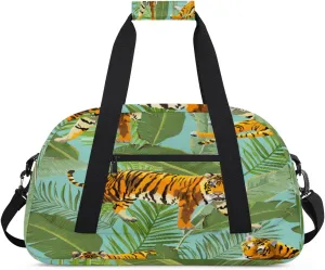 Funny Tiger Gym Duffel Bag for Men Women Palm Leaves Sports Tote Bag with Adjustable Shoulder Strap for Dance Gymnastics Traveling Outdoor Camping Overnight Stay