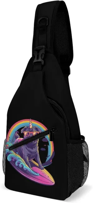 Funny Unicorn Pug Surfing Sling Bag for Men Women Durable Crossbody Backpack Chest Bag Daypack for Travel Hiking