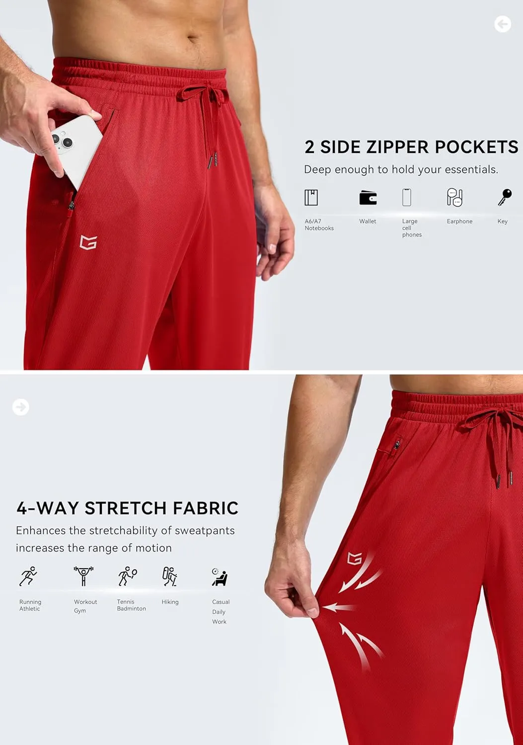 G Gradual Men's Sweatpants with Zipper Pockets Lightweight Mesh Athletic Pants for Men Open Bottom Workout Gym Running