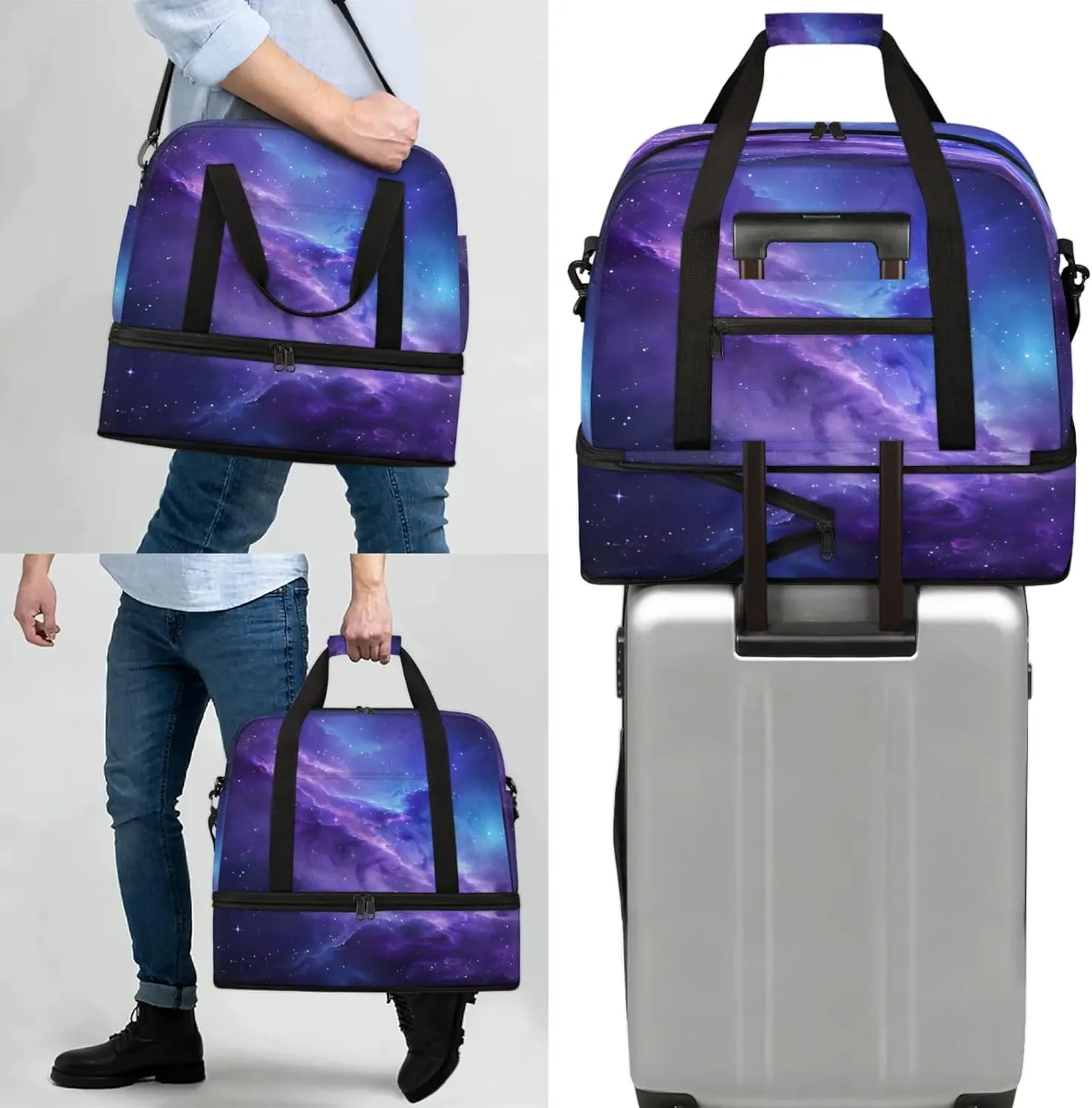 Galaxy Purple Blue Travel Duffel Bags for Women & Men Large Sports Gym Bags Foldie Weekender Overnight Bag Carry On Tote Bag With Shoe Compartment Personal Item Bag for Travel Sports Gym