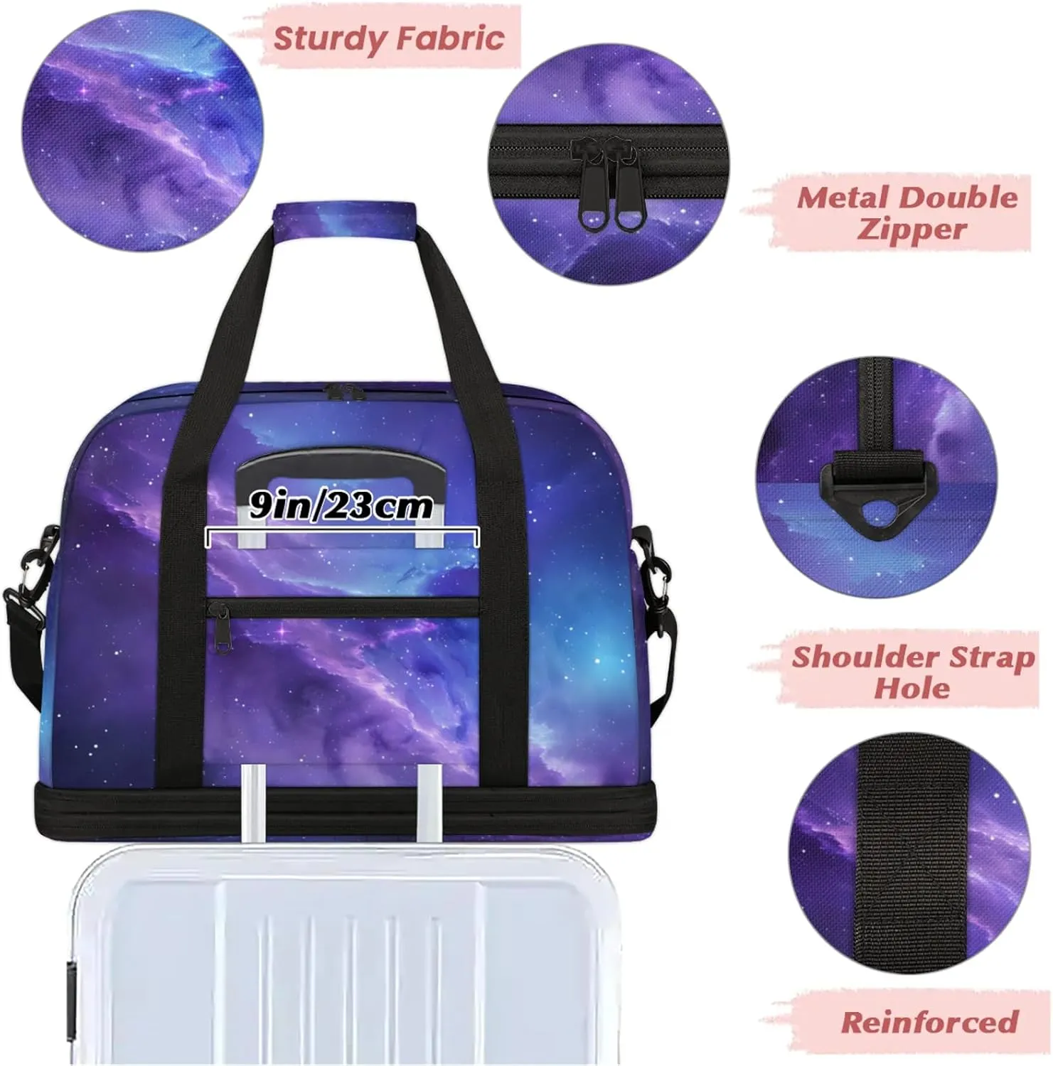 Galaxy Purple Blue Travel Duffel Bags for Women & Men Large Sports Gym Bags Foldie Weekender Overnight Bag Carry On Tote Bag With Shoe Compartment Personal Item Bag for Travel Sports Gym