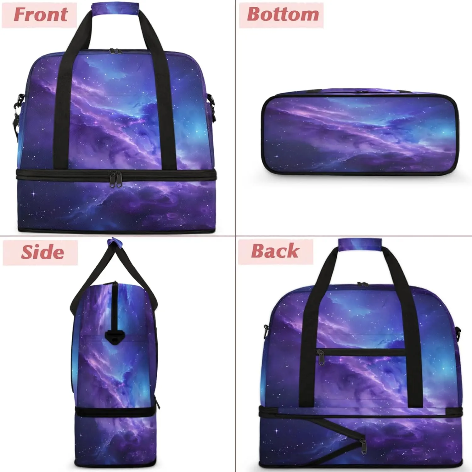 Galaxy Purple Blue Travel Duffel Bags for Women & Men Large Sports Gym Bags Foldie Weekender Overnight Bag Carry On Tote Bag With Shoe Compartment Personal Item Bag for Travel Sports Gym