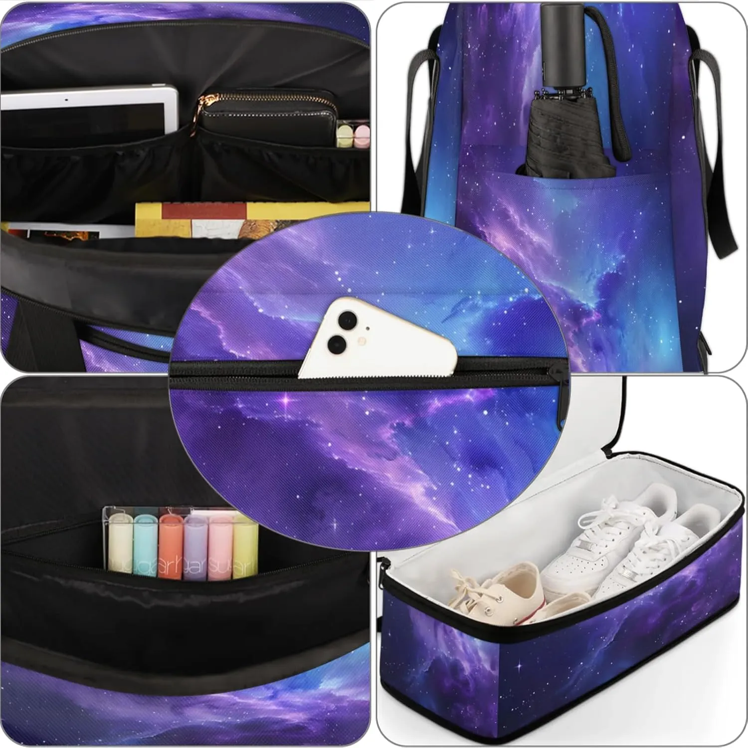 Galaxy Purple Blue Travel Duffel Bags for Women & Men Large Sports Gym Bags Foldie Weekender Overnight Bag Carry On Tote Bag With Shoe Compartment Personal Item Bag for Travel Sports Gym