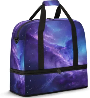 Galaxy Purple Blue Travel Duffel Bags for Women & Men Large Sports Gym Bags Foldie Weekender Overnight Bag Carry On Tote Bag With Shoe Compartment Personal Item Bag for Travel Sports Gym