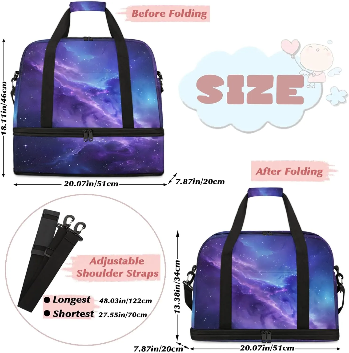 Galaxy Purple Blue Travel Duffel Bags for Women & Men Large Sports Gym Bags Foldie Weekender Overnight Bag Carry On Tote Bag With Shoe Compartment Personal Item Bag for Travel Sports Gym