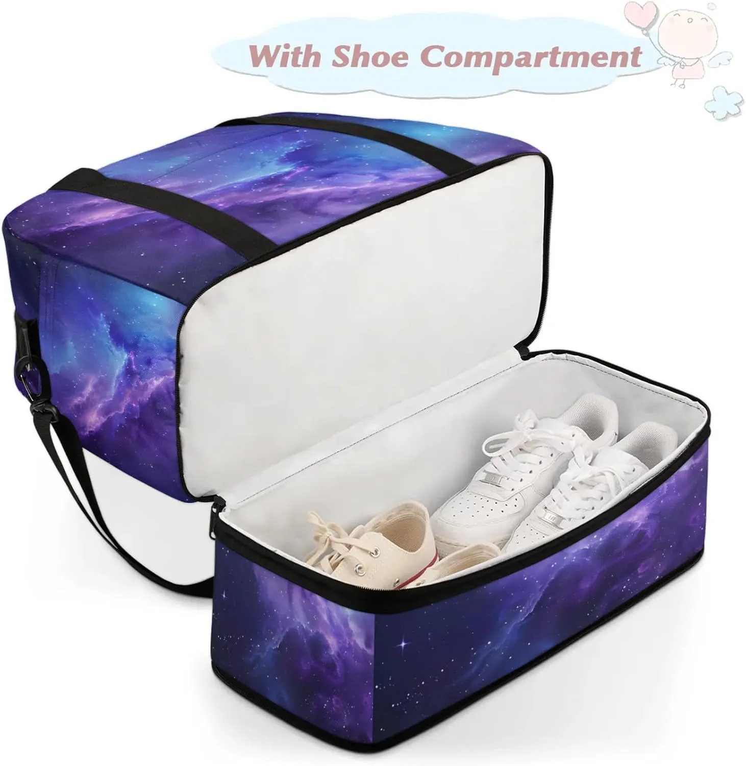 Galaxy Purple Blue Travel Duffel Bags for Women & Men Large Sports Gym Bags Foldie Weekender Overnight Bag Carry On Tote Bag With Shoe Compartment Personal Item Bag for Travel Sports Gym