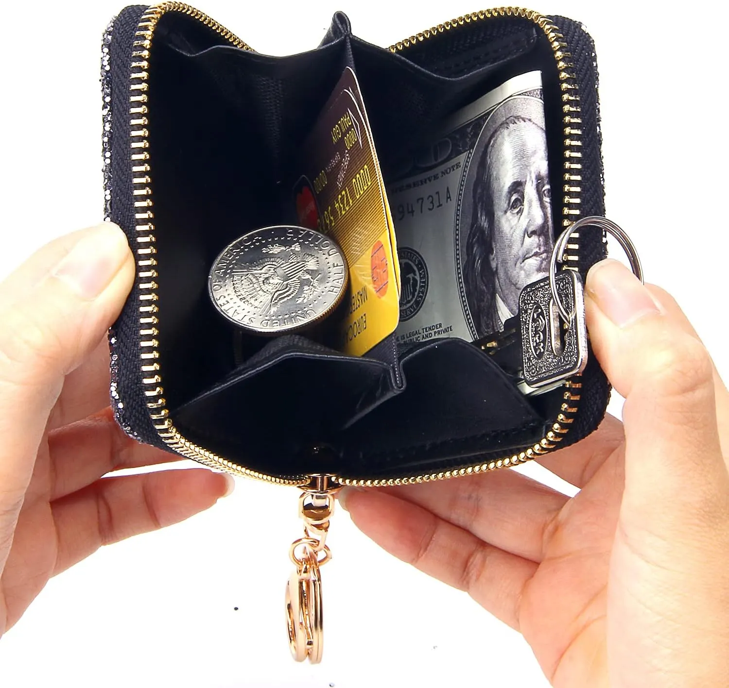 GEEAD Small Glitter Wallet for Women Girls Mini Coin Purse Pouches with Key Ring