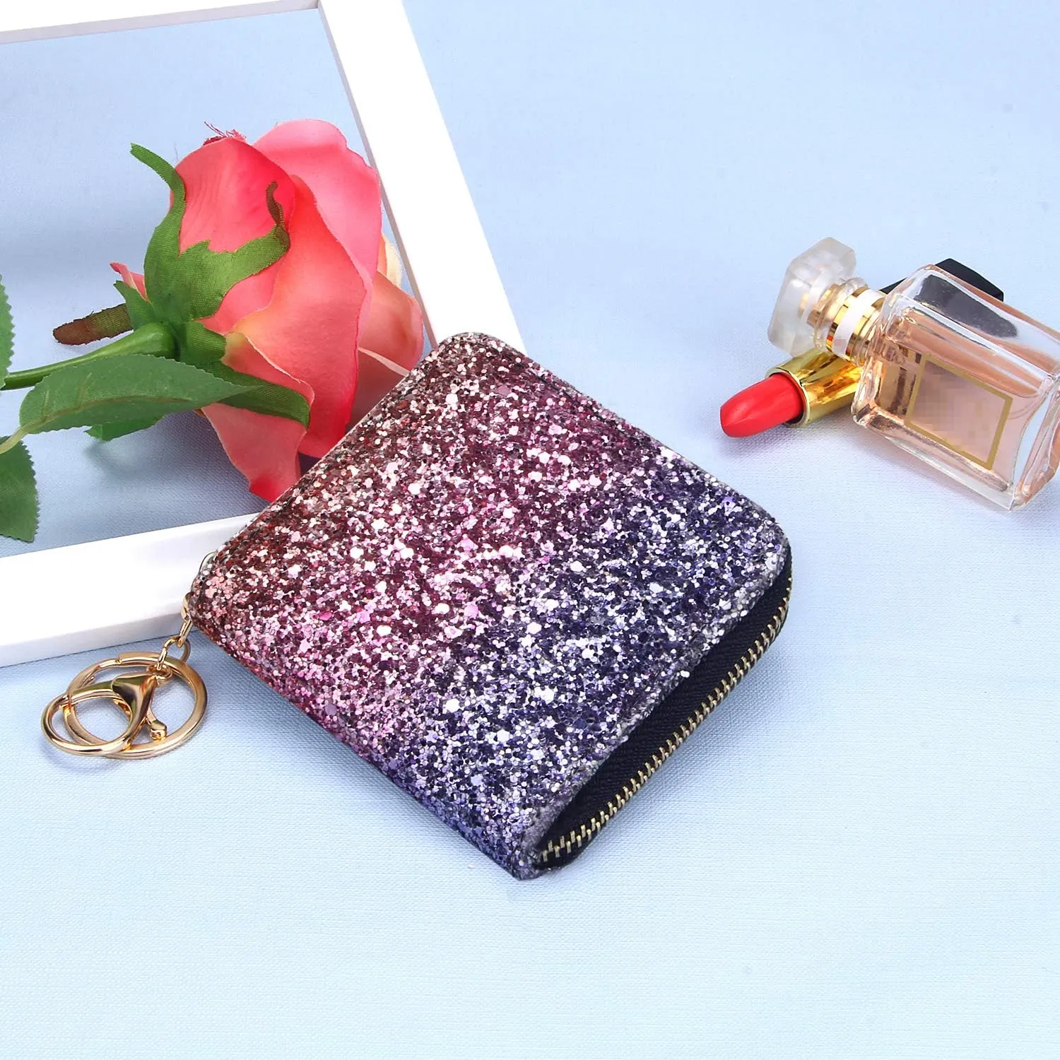 GEEAD Small Glitter Wallet for Women Girls Mini Coin Purse Pouches with Key Ring