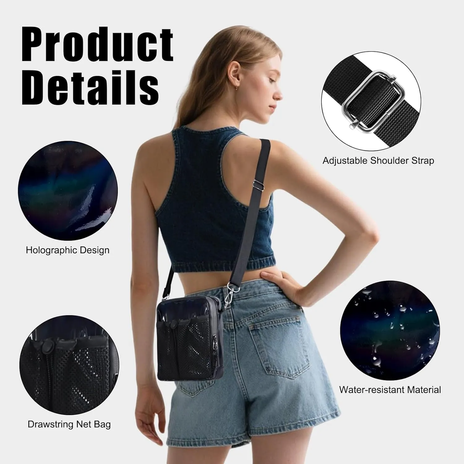 Geestock Small Crossbody Bag for Women Trendy, Holographic Mini Messenger Bag Shoulder Phone Purse with Water Bottle Pocket